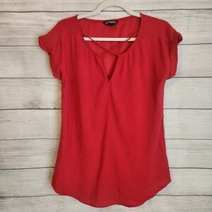Express S Petite Red capped short sleeve career blouse